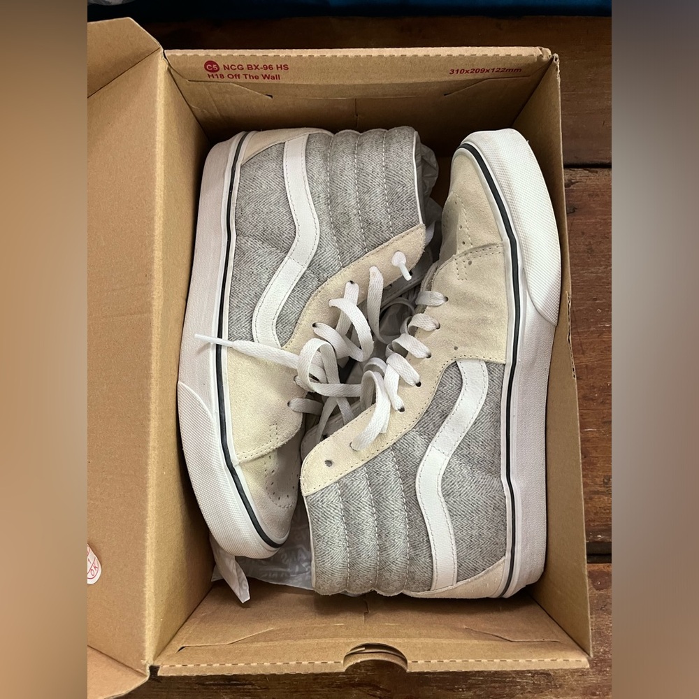 Vans Sk8-Hi Skate old skool Hi Herringbone Cream Suede Mens Size 7 Womens 8.5